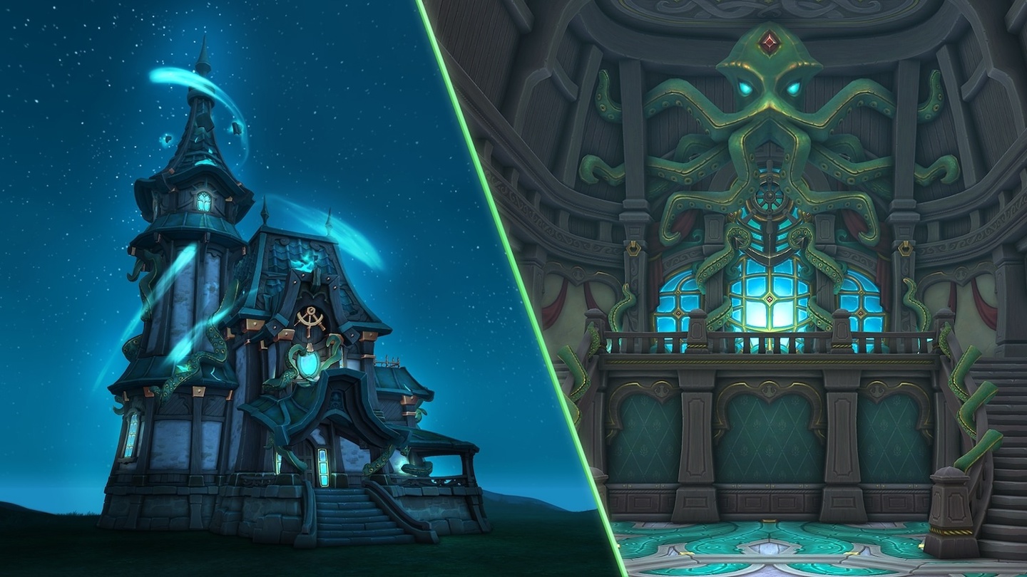 A fantasy game scene split between a moonlit blue tower and an ornate temple interior with glowing cyan windows, creating a mysterious, magical mood.